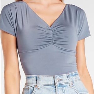 Express Body Contour Ruched V-Neck Thong Bodysuit in Folkstone Gray